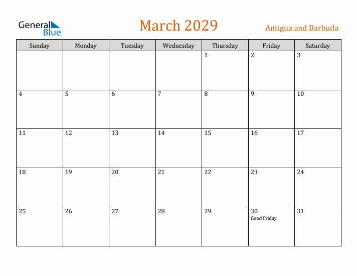 March 2029 Holiday Calendar with Sunday Start