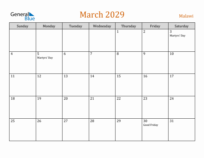 March 2029 Holiday Calendar with Sunday Start