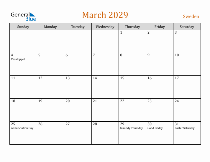 March 2029 Holiday Calendar with Sunday Start