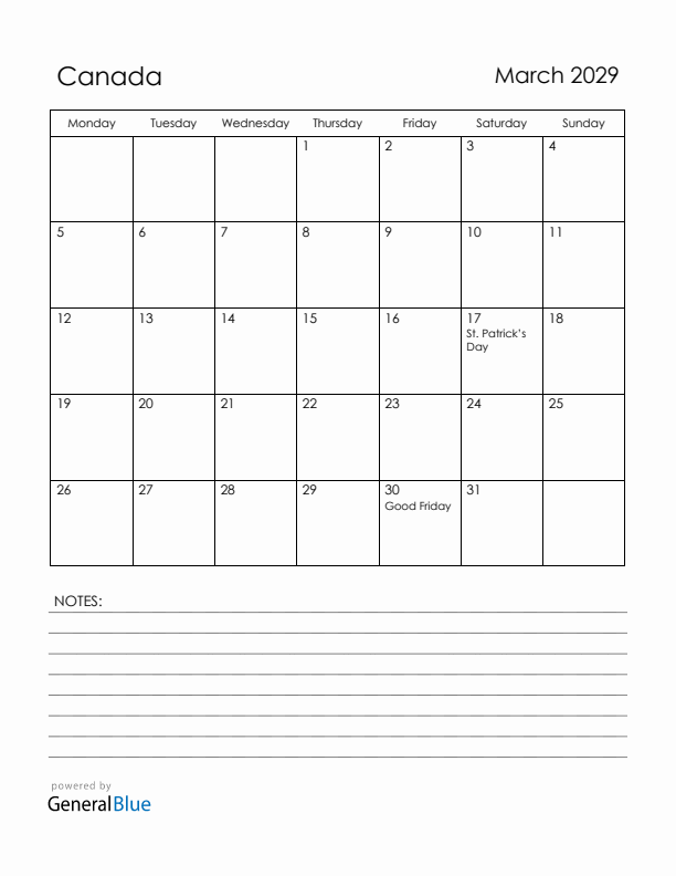 March 2029 Canada Calendar with Holidays (Monday Start)