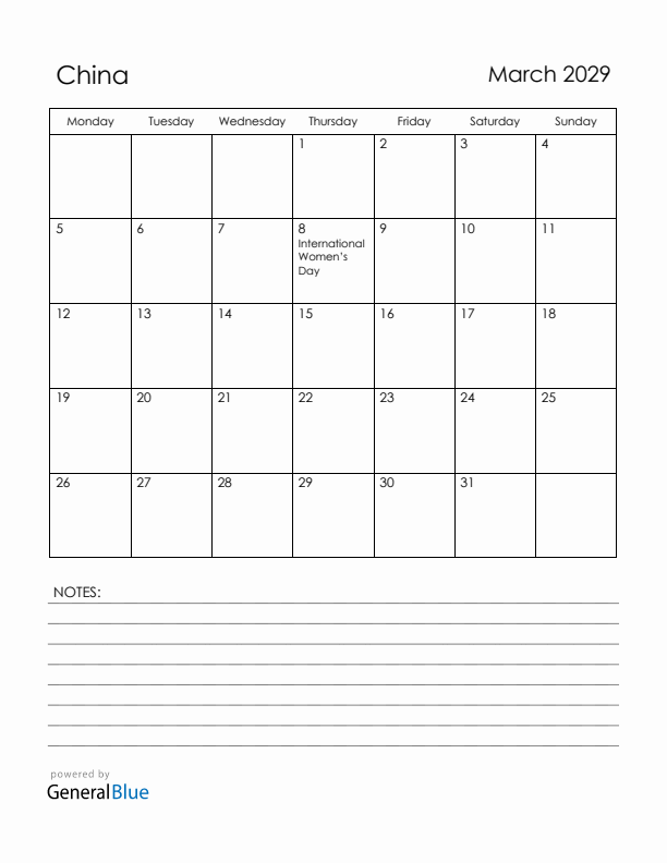 March 2029 China Calendar with Holidays (Monday Start)