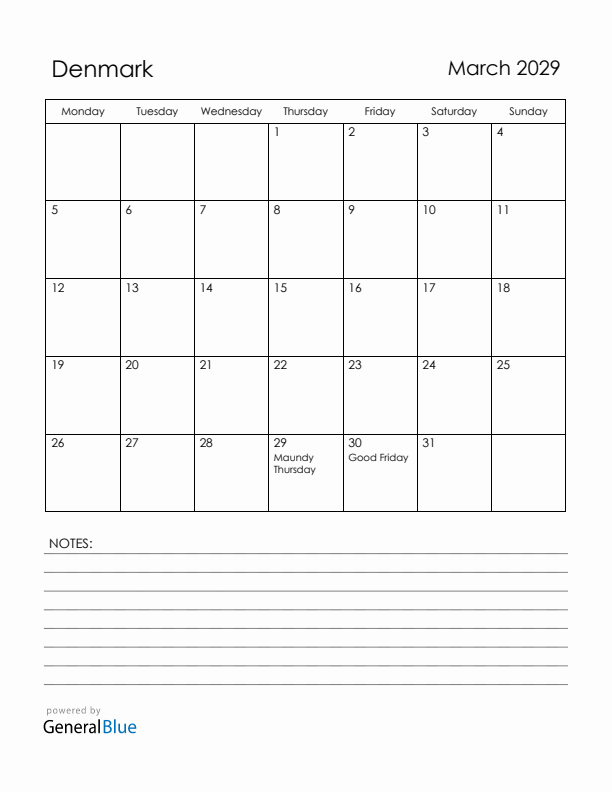 March 2029 Denmark Calendar with Holidays (Monday Start)