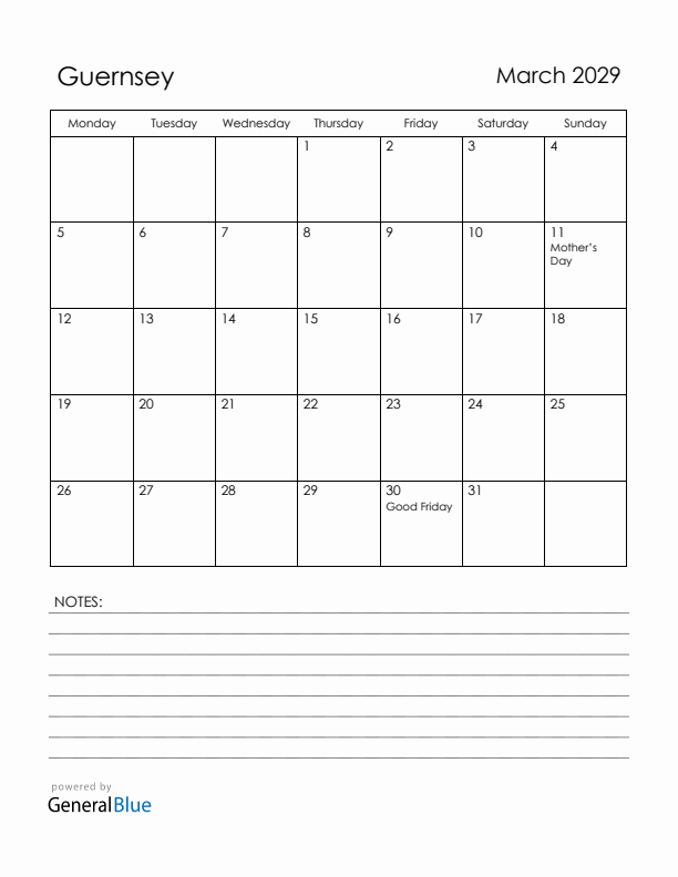 March 2029 Guernsey Calendar with Holidays (Monday Start)