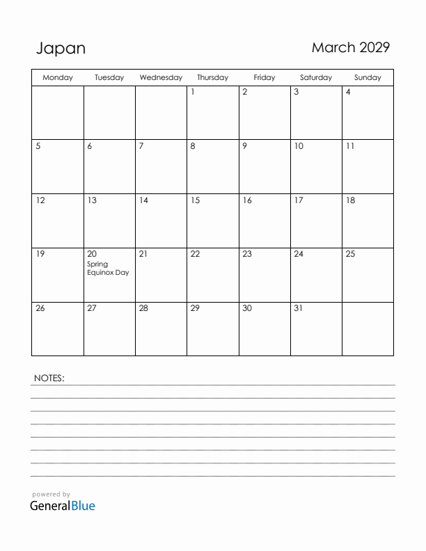 March 2029 Japan Calendar with Holidays (Monday Start)