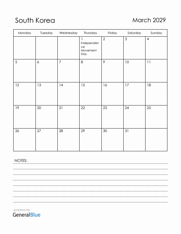 March 2029 South Korea Calendar with Holidays (Monday Start)