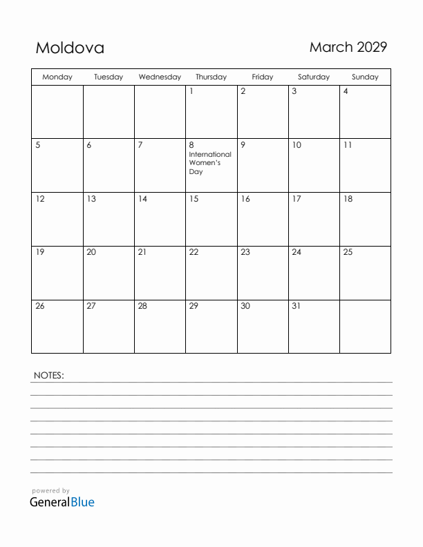 March 2029 Moldova Calendar with Holidays (Monday Start)