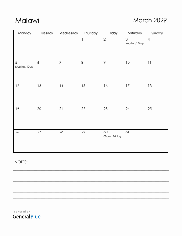 March 2029 Malawi Calendar with Holidays (Monday Start)