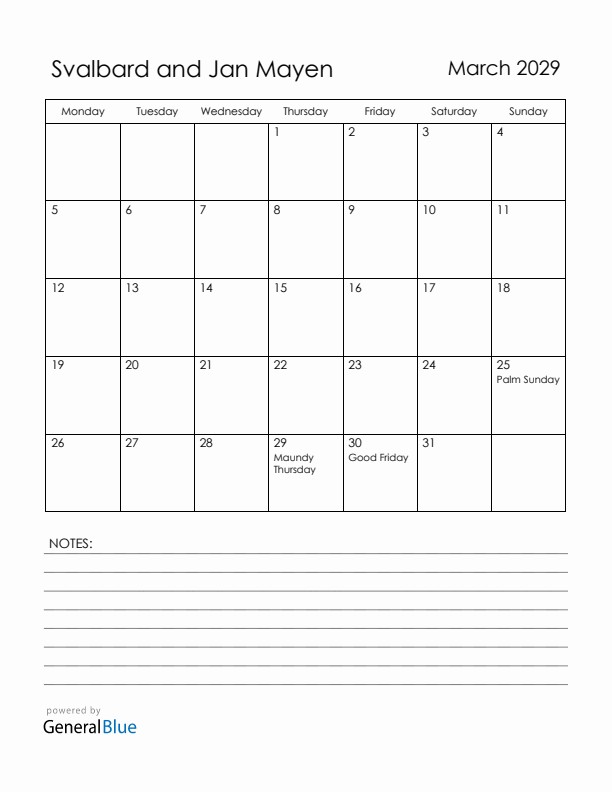 March 2029 Svalbard and Jan Mayen Calendar with Holidays (Monday Start)