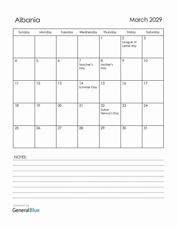 March 2029 Albania Calendar with Holidays (Sunday Start)