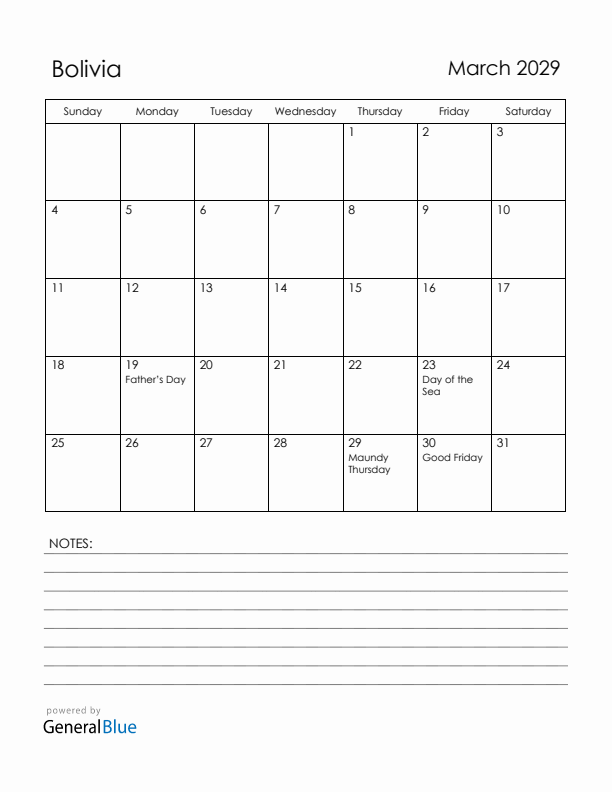March 2029 Bolivia Calendar with Holidays (Sunday Start)