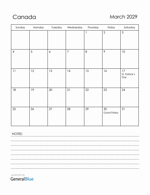 March 2029 Canada Calendar with Holidays (Sunday Start)