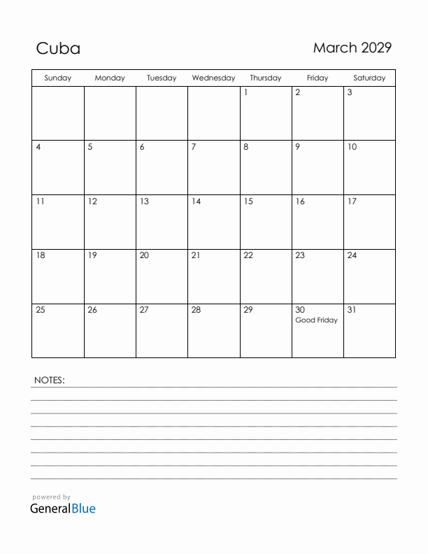 March 2029 Cuba Calendar with Holidays (Sunday Start)