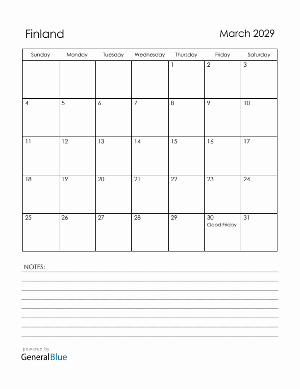 March 2029 Finland Calendar with Holidays (Sunday Start)