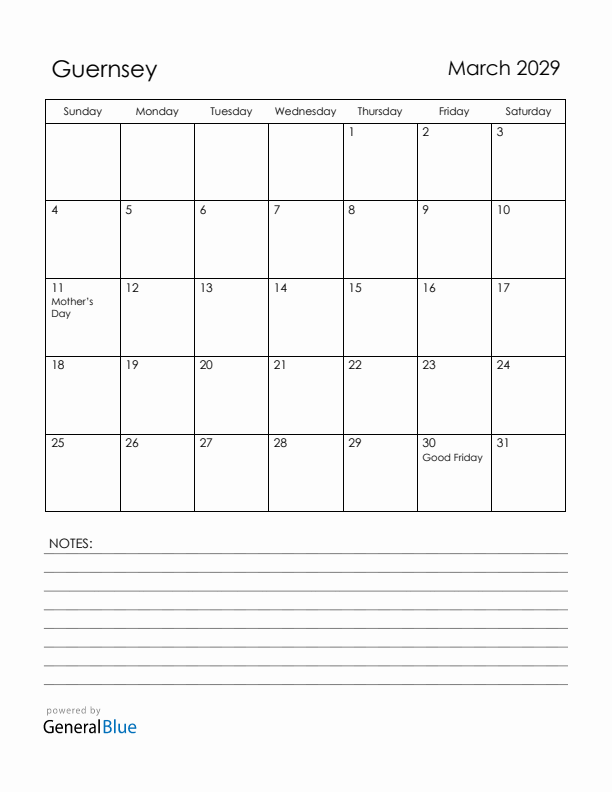 March 2029 Guernsey Calendar with Holidays (Sunday Start)