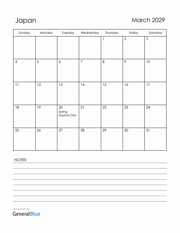 March 2029 Japan Calendar with Holidays (Sunday Start)