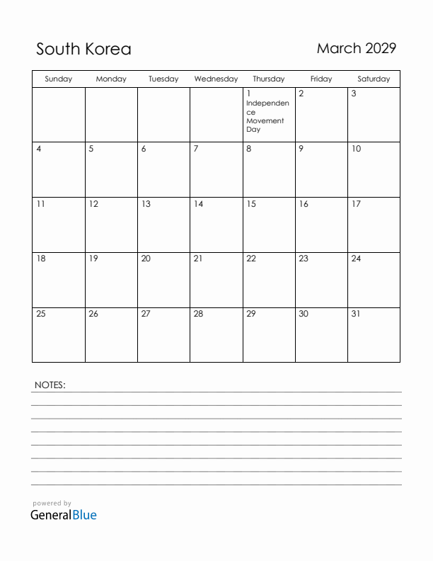 March 2029 South Korea Calendar with Holidays (Sunday Start)