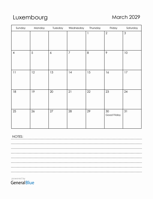 March 2029 Luxembourg Calendar with Holidays (Sunday Start)