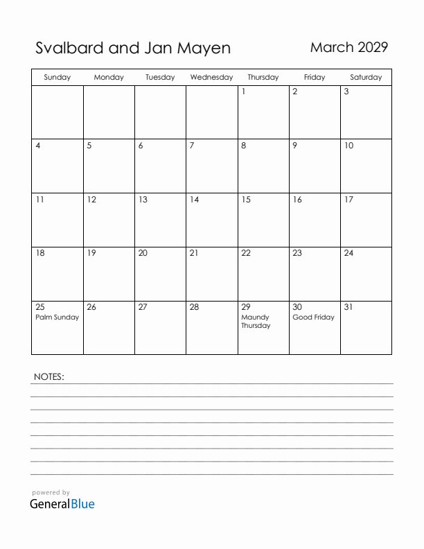 March 2029 Svalbard and Jan Mayen Calendar with Holidays (Sunday Start)