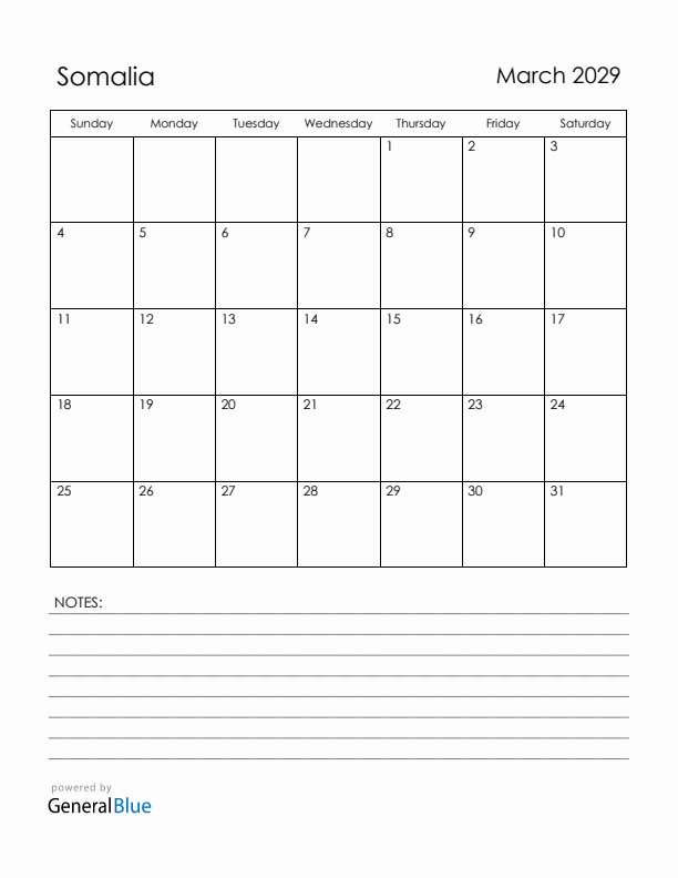 March 2029 Somalia Calendar with Holidays (Sunday Start)