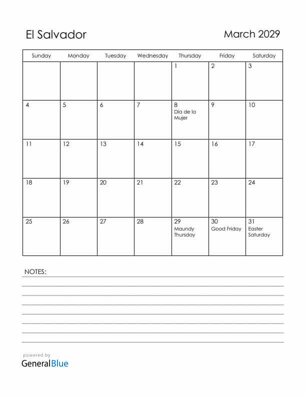 March 2029 El Salvador Calendar with Holidays (Sunday Start)