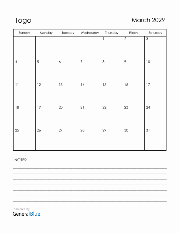 March 2029 Togo Calendar with Holidays (Sunday Start)