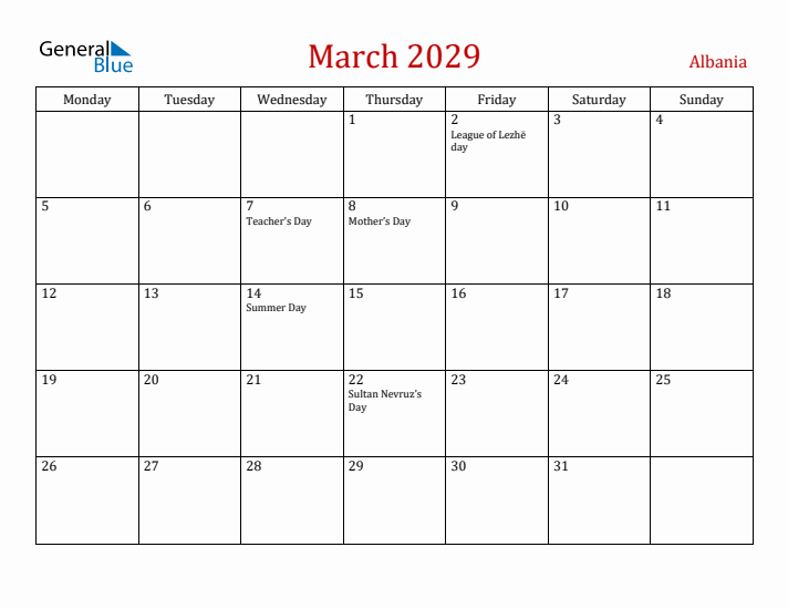 Albania March 2029 Calendar - Monday Start