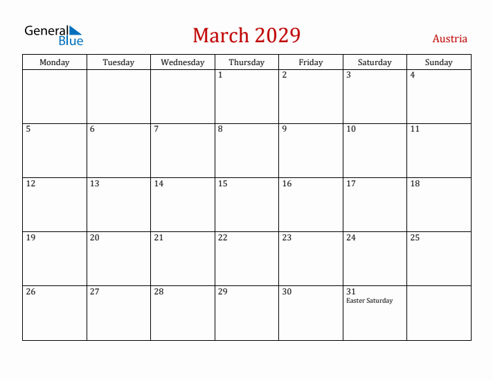 Austria March 2029 Calendar - Monday Start