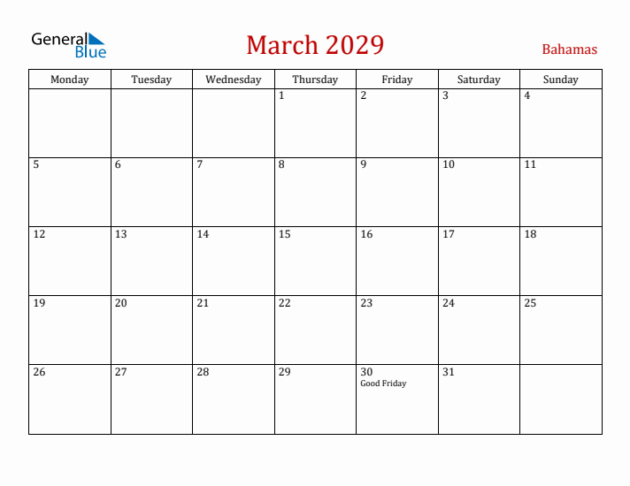 Bahamas March 2029 Calendar - Monday Start