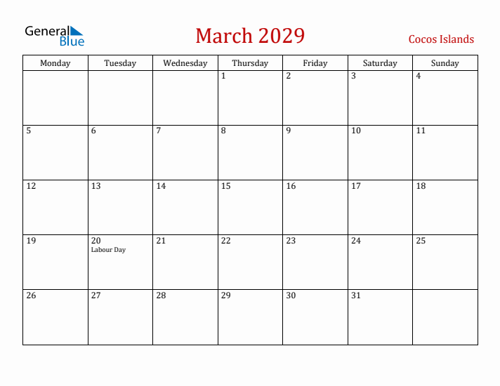 Cocos Islands March 2029 Calendar - Monday Start