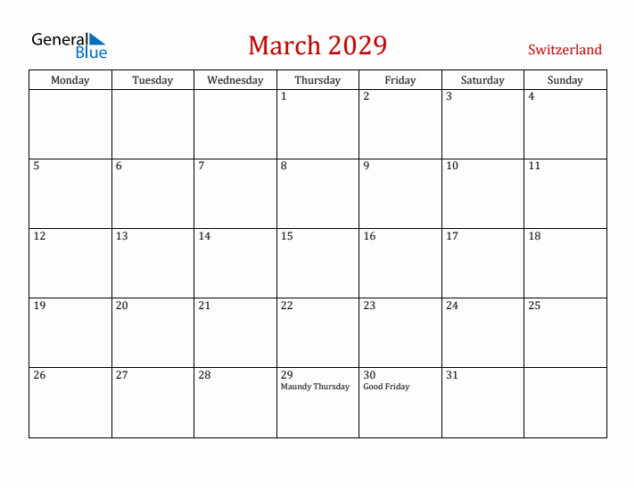 Switzerland March 2029 Calendar - Monday Start