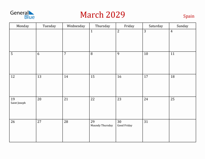 Spain March 2029 Calendar - Monday Start