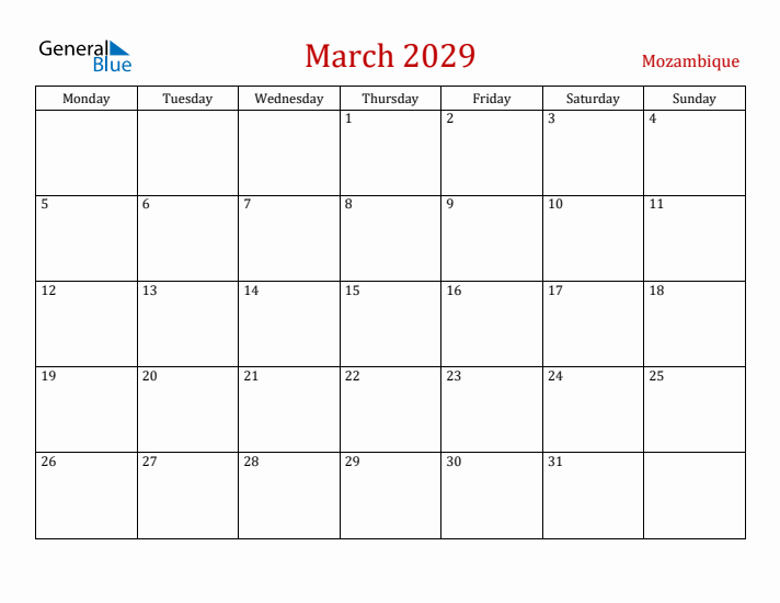 Mozambique March 2029 Calendar - Monday Start