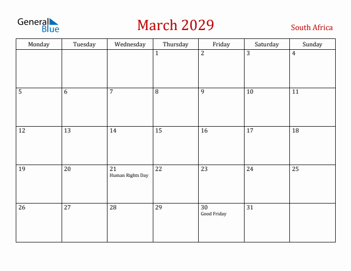 South Africa March 2029 Calendar - Monday Start