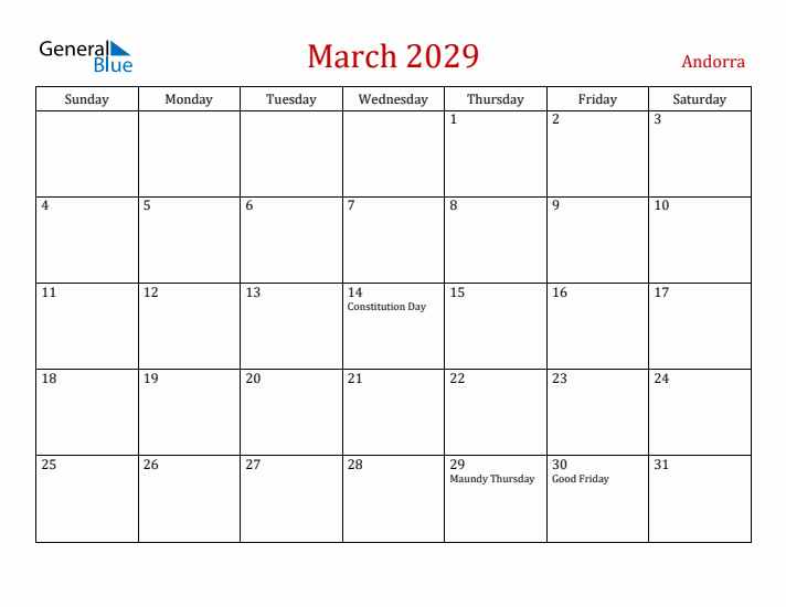 Andorra March 2029 Calendar - Sunday Start