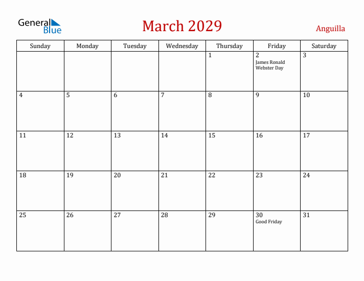 Anguilla March 2029 Calendar - Sunday Start