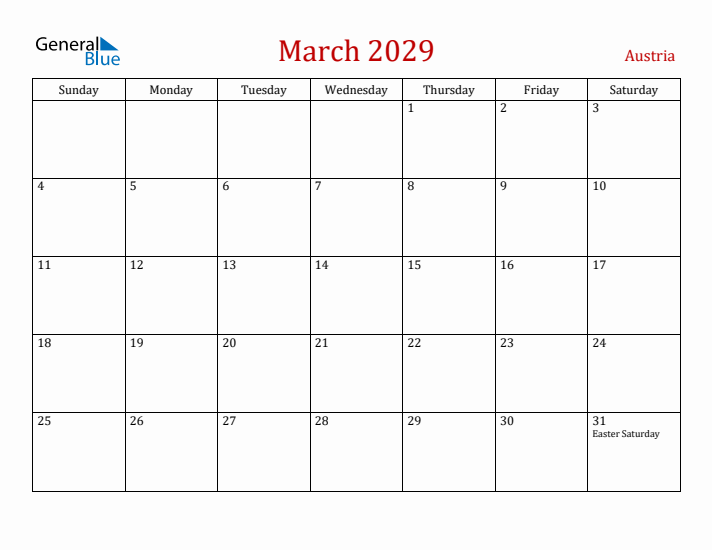 Austria March 2029 Calendar - Sunday Start