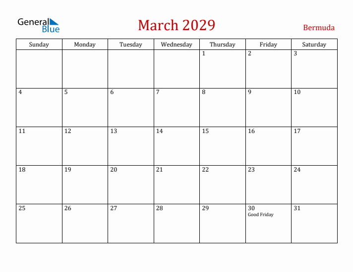 Bermuda March 2029 Calendar - Sunday Start