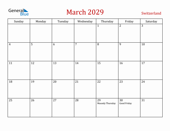 Switzerland March 2029 Calendar - Sunday Start