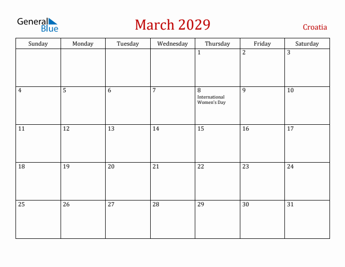 Croatia March 2029 Calendar - Sunday Start