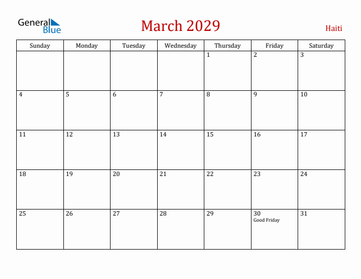 Haiti March 2029 Calendar - Sunday Start