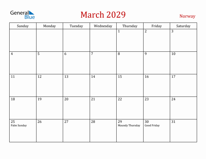 Norway March 2029 Calendar - Sunday Start