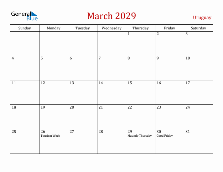 Uruguay March 2029 Calendar - Sunday Start