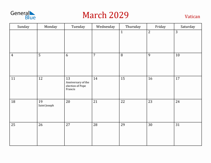 Vatican March 2029 Calendar - Sunday Start