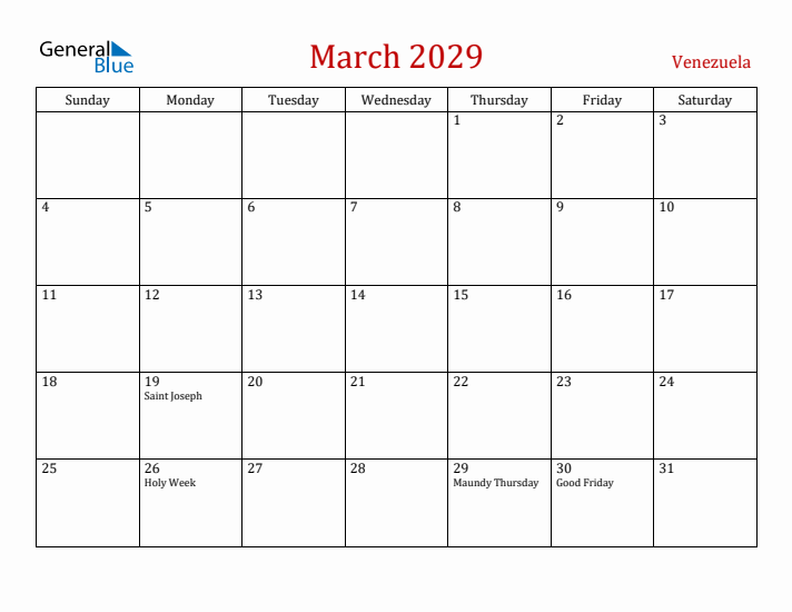 Venezuela March 2029 Calendar - Sunday Start