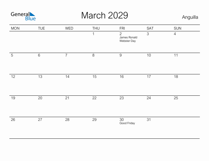 Printable March 2029 Calendar for Anguilla