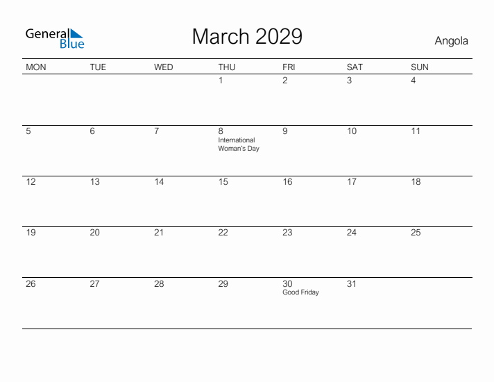 Printable March 2029 Calendar for Angola