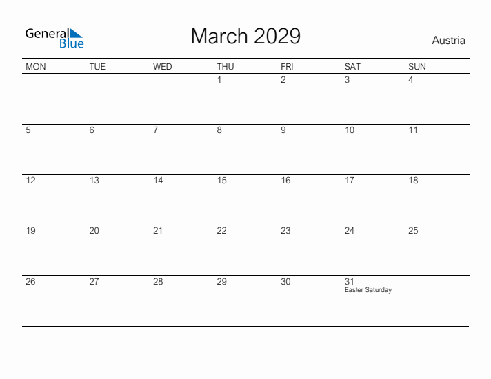 Printable March 2029 Calendar for Austria