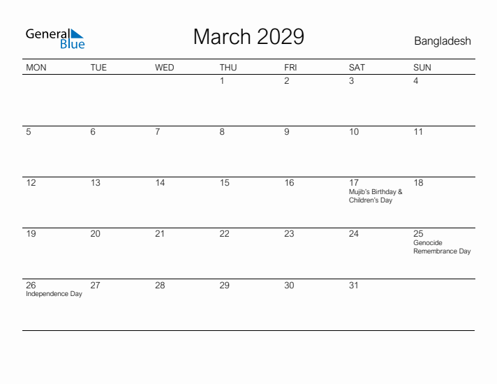 Printable March 2029 Calendar for Bangladesh