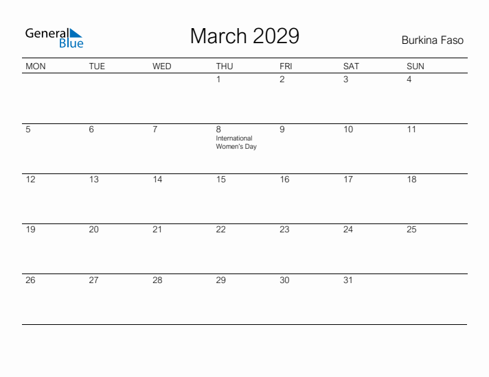 Printable March 2029 Calendar for Burkina Faso