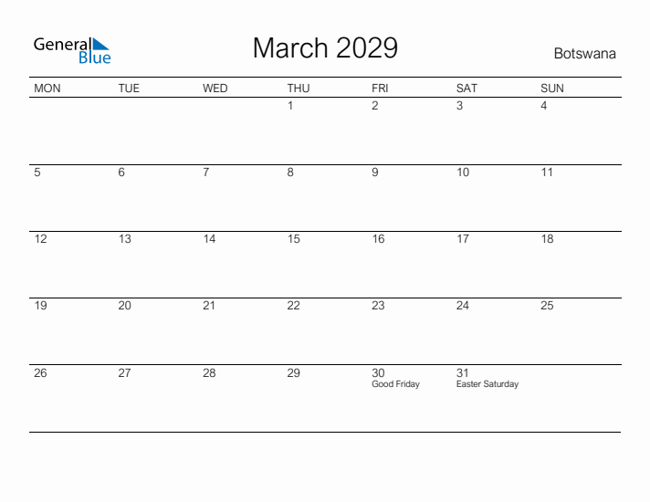 Printable March 2029 Calendar for Botswana